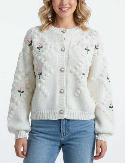 Floral Embroidery Crochet Pearl Button Knit Cardigan