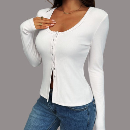 Long Sleeve U-Neck Polyester T-Shirt Jacket Solid Color