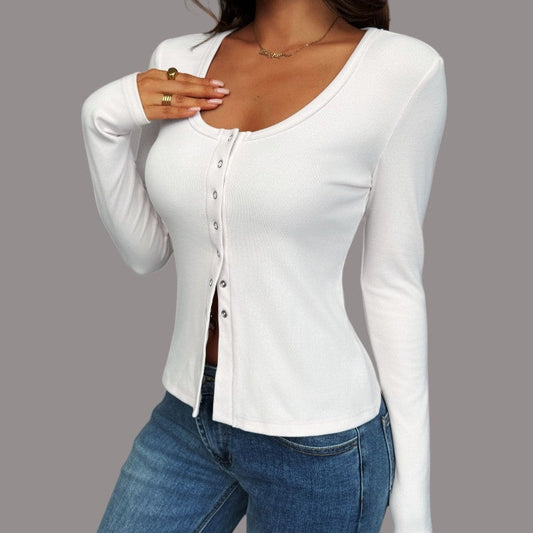 Long Sleeve U-Neck Polyester T-Shirt Jacket Solid Color