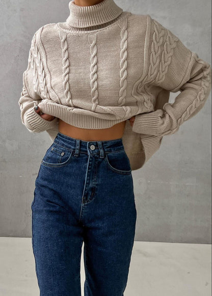 Cable Knit Cropped Turtleneck Sweater Chunky Knit