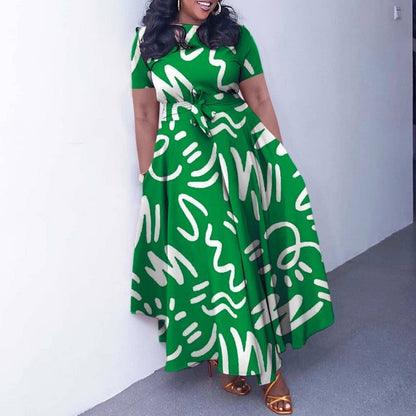 Printed Short Sleeve Flared Dress