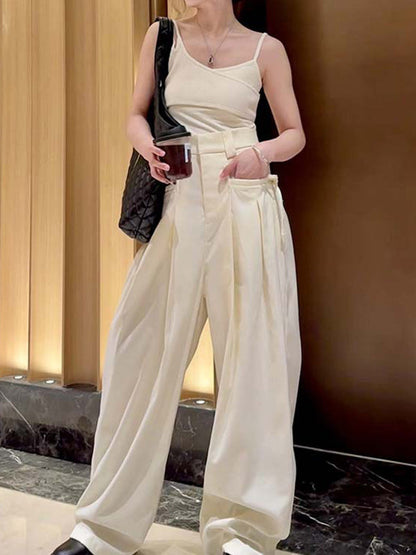 Loose Wide Leg Drawstring Pleated Solid Color Pants Trousers