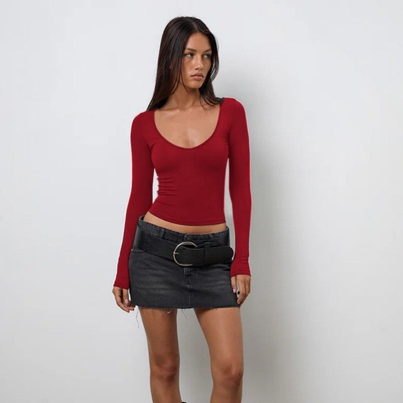 Short Crop Slim Solid U-Neck Long Sleeve Tee