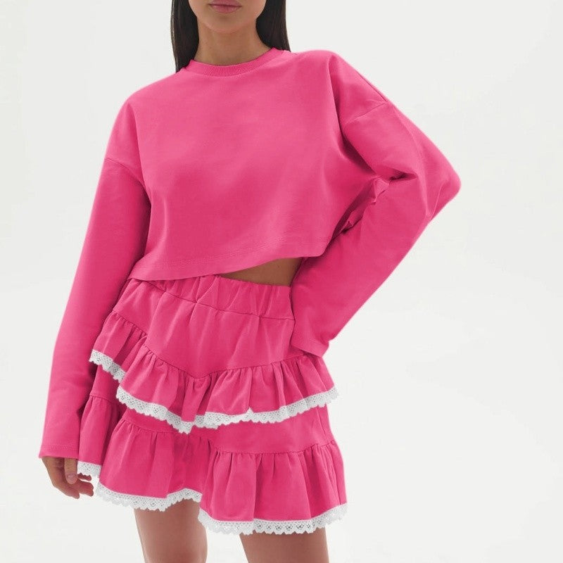 Color Block Crop Hoodie Lace Skirt Set