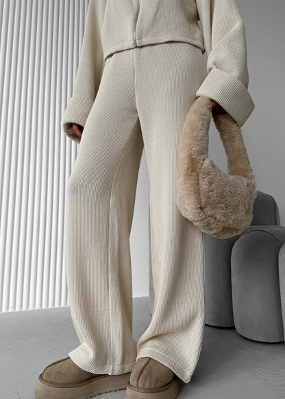 Knit Lounge Set Ribbed Blend Zip Jacket And Wide-Leg Pants