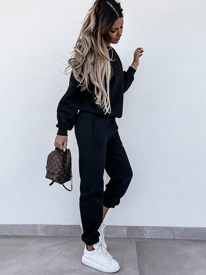 Solid Crew Neck Drawstring Sweatshirt & Pants Sport Suits
