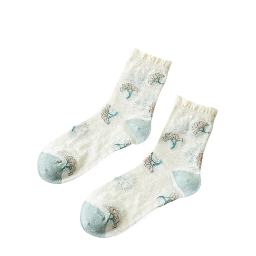 Rufia - Delicate Floral Mid-Calf Mesh Socks -Thin &amp; Breathable