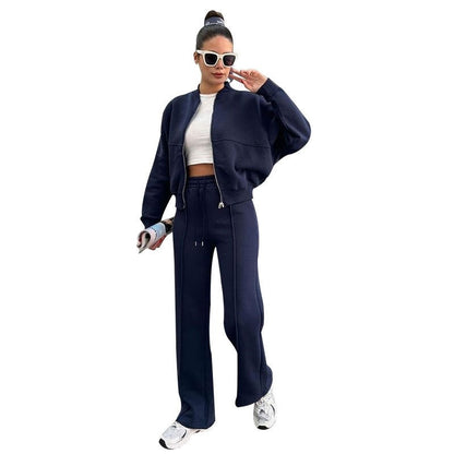 Solid Fleece Zip Hoodie Straight Leg Pants Set