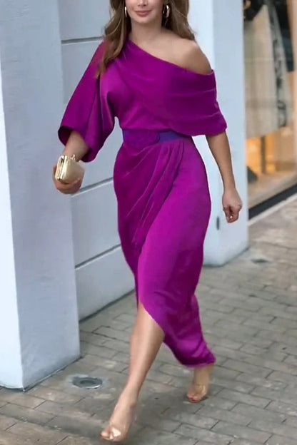 Whispered Yes Satin Irregular Lapel Neckline Design Ruched Maxi Dress