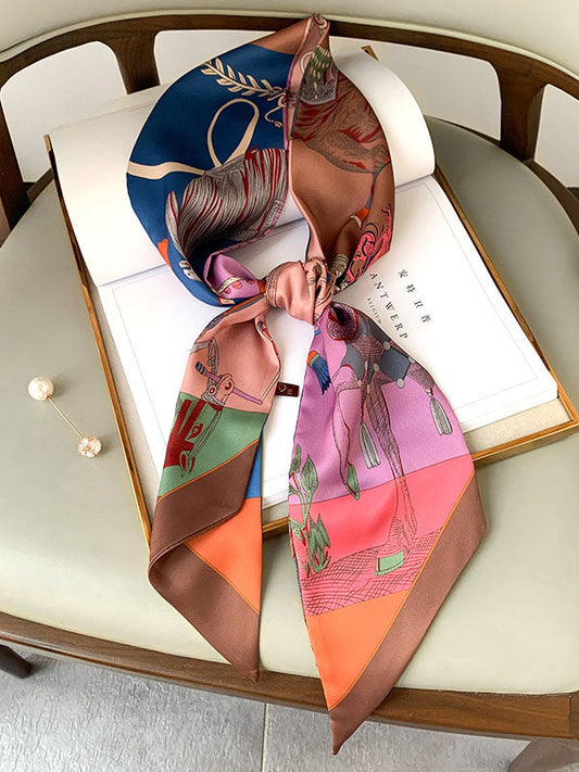 Vintage Printed Contrast Color Silk Scarf