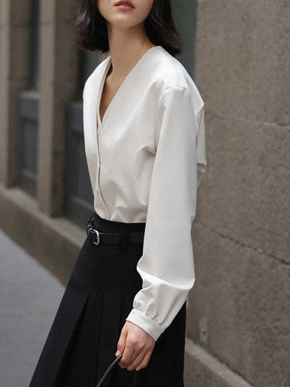 Solid Color V-Cut Double Layered Buttoned Retro Long Sleeves Blouses