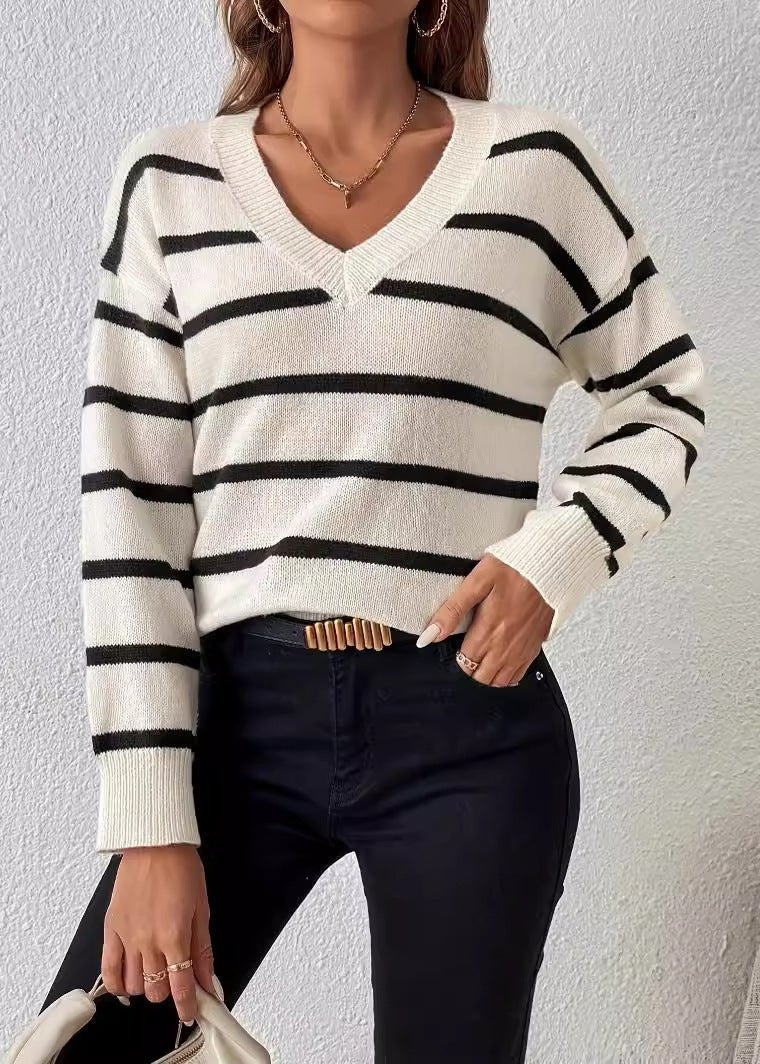 Striped V Neck Sweater Soft Cozy Fabric
