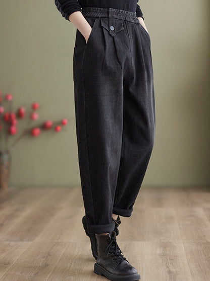 Casual Loose Velvet Elasticity Solid Color Harem Jean Pants Bottoms