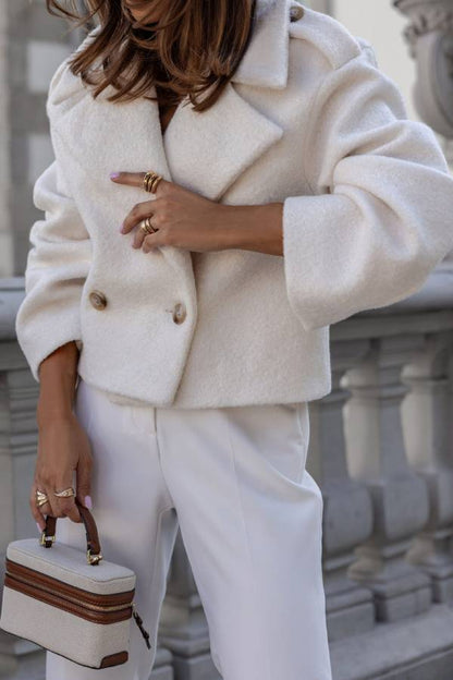 Double-breasted short wool coat with lapel
