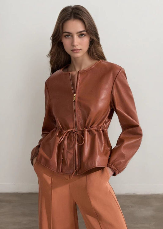 Faux Leather Zip Jacket With Drawstring Waist