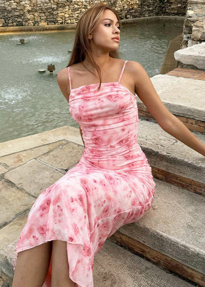 Ruched Floral Maxi Dress Lightweight Polyester