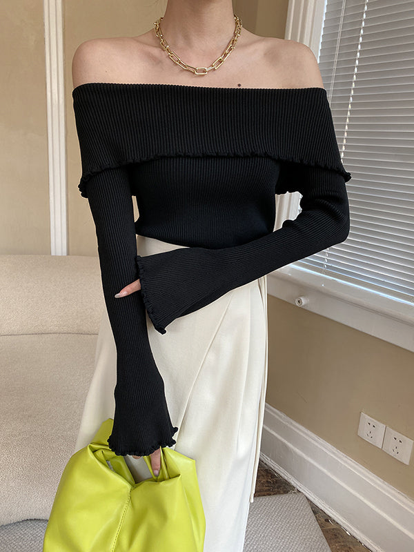 Long Sleeves Skinny Falbala Solid Color Off-The-Shoulder Sweater Tops