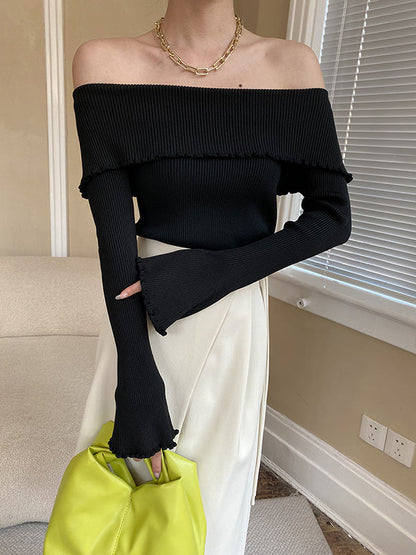 Long Sleeves Skinny Falbala Solid Color Off-The-Shoulder Sweater Tops
