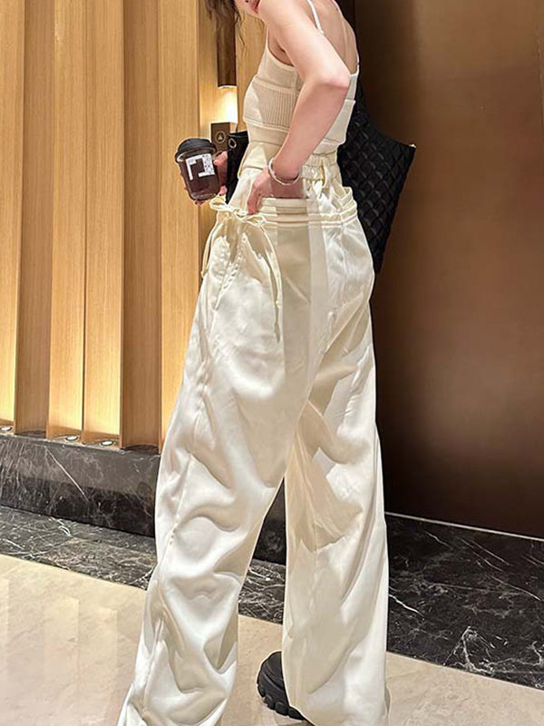 Loose Wide Leg Drawstring Pleated Solid Color Pants Trousers