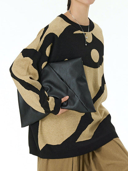 Long Sleeves Loose Contrast Color Velvet Round-Neck Pullovers Sweater Tops