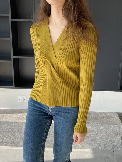 Long Sleeves Loose Knot Solid Color V-Neck Pullovers Sweater Tops