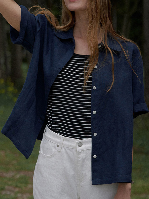 Loose Short Sleeves Buttoned Pleated Solid Color Split-Side Lapel Blouses&Shirts Tops