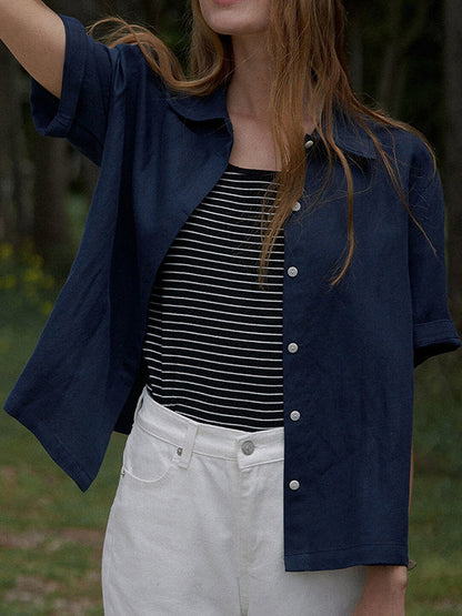 Loose Short Sleeves Buttoned Pleated Solid Color Split-Side Lapel Blouses&Shirts Tops