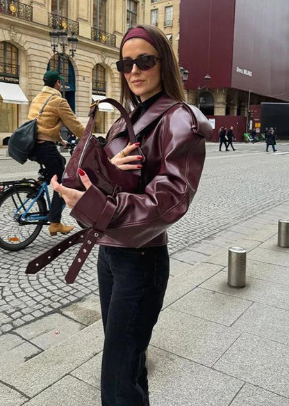 Faux Leather Jacket Burgundy Oversized Lapel