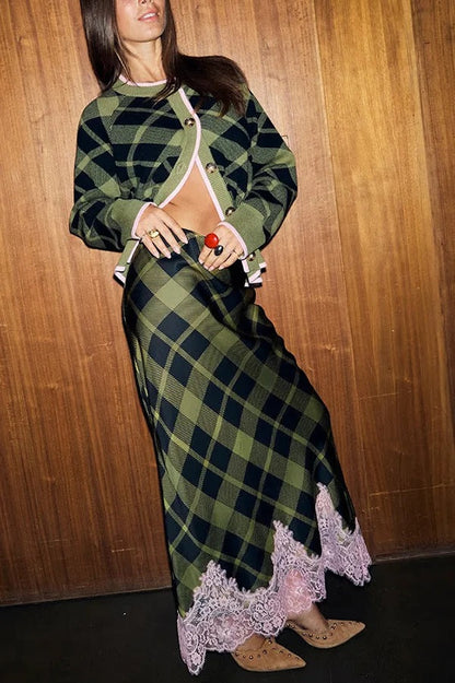 Holiday Plaid Knit Color-blocked Trim Button Long-sleeved Loose Cardigan