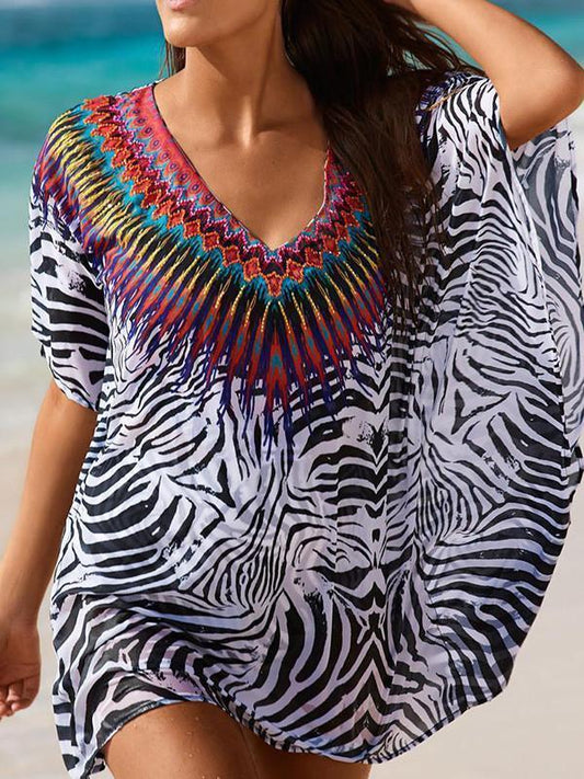 Fashion Black Stripe V Neck Shawl Cover-Up Tops