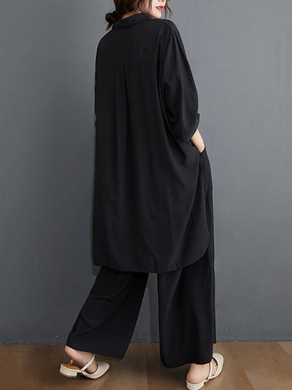 Simple Solid Color Lapel T-Shirt Tops+Loose Pants Two Pieces Set