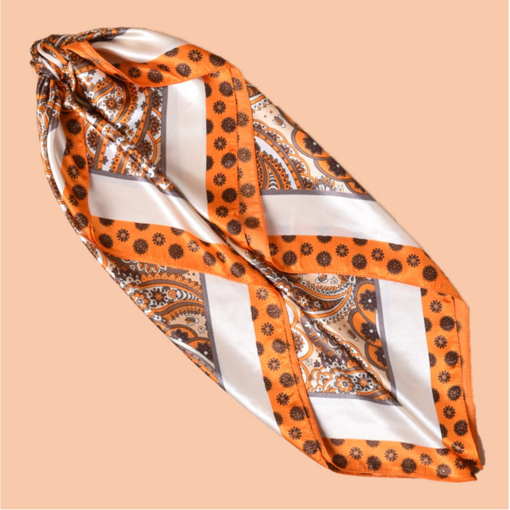 Scarvii - Vintage Paisley Silky Square Scarf - Orange/Blue