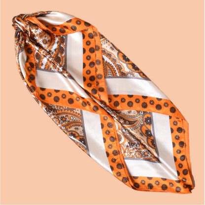 Scarvii - Vintage Paisley Silky Square Scarf - Orange/Blue