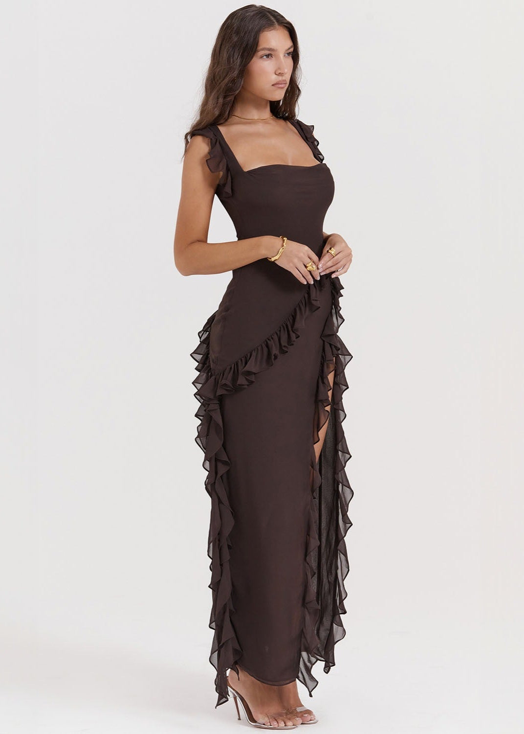 Ruffled High Slit Gown Dark Brown Satin