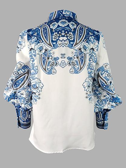 Long Sleeves Loose Buttoned Flower Print V-neck Blouses&shirts Tops
