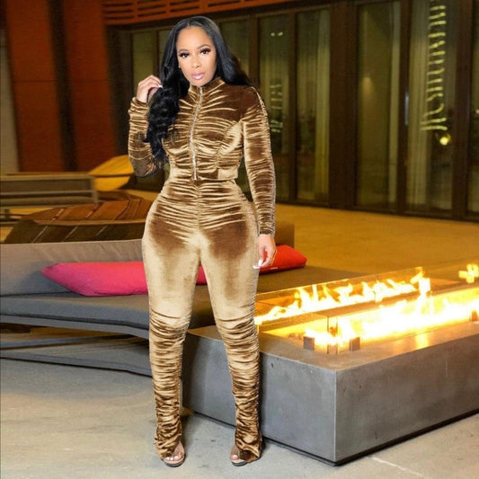 Pleated Solid Color Coat Pants Two Piece Set