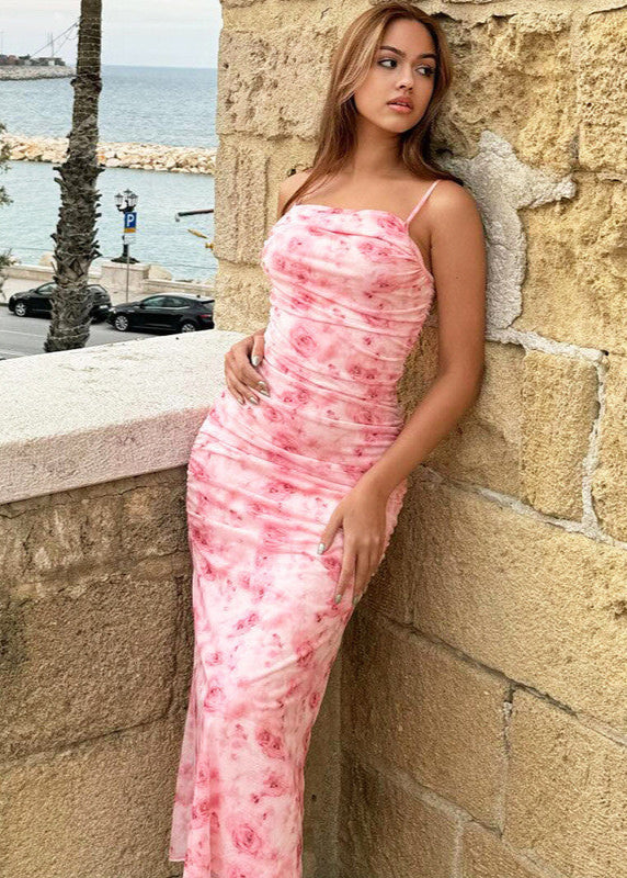 Ruched Floral Maxi Dress Lightweight Polyester