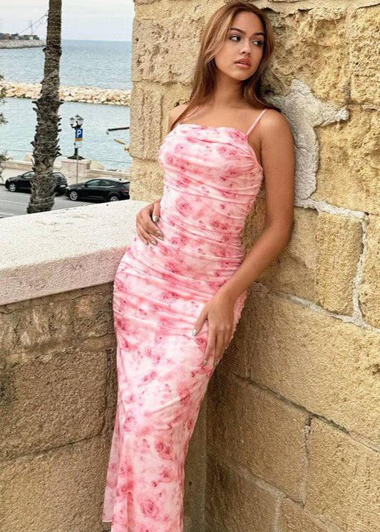 Ruched Floral Maxi Dress Lightweight Polyester