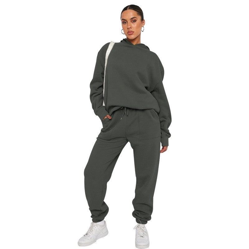 Solid Color Hooded Long Sleeve Sweatshirt Long Pants Set