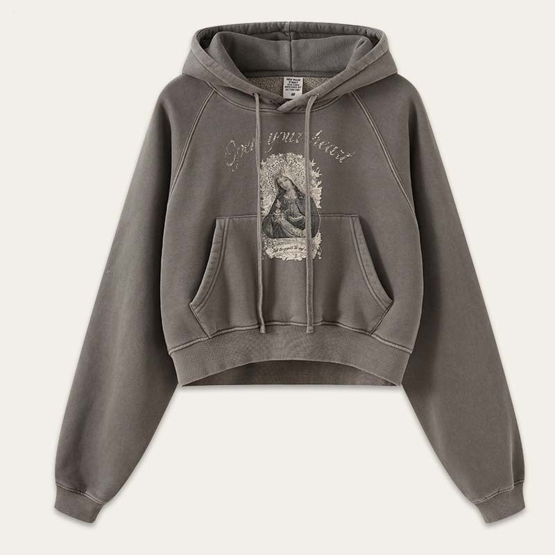 Retro Washed Cropped Raglan Sleeve Hoodie