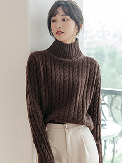 Casual Long Sleeves Loose Solid Color High-Neck Sweater Tops