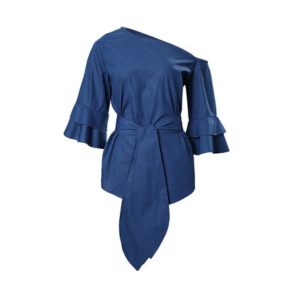 Flared Sleeves Wrap Bandage Hollow Solid Color Split-Joint Shirts Tops