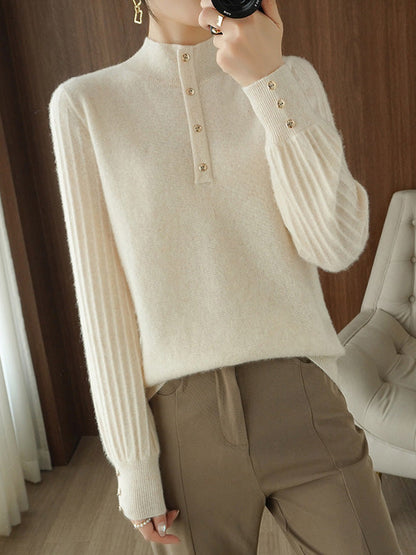 Casual Puff Sleeves Long Sleeves Solid Color Half Turtleneck Sweater Tops