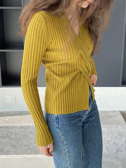 Long Sleeves Loose Knot Solid Color V-Neck Pullovers Sweater Tops