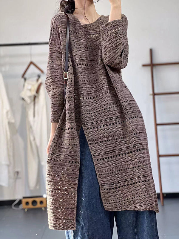 Long Sleeves Loose Hollow Solid Color Split-Front Round-Neck Sweater Dresses