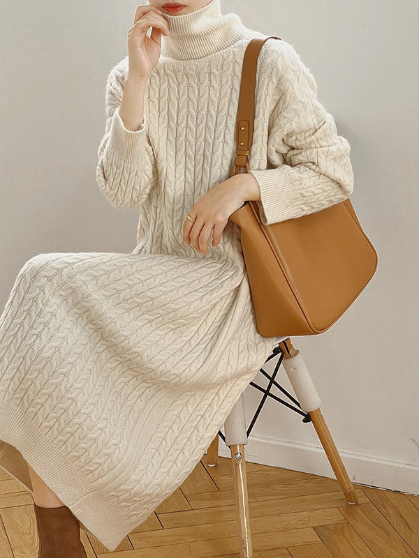 Solid Color H-Line Long Sleeves High Neck Knitted Midi Dresses
