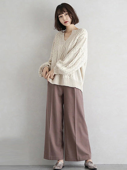 Stylish Loose Jacquard Solid Color V-Neck Sweater