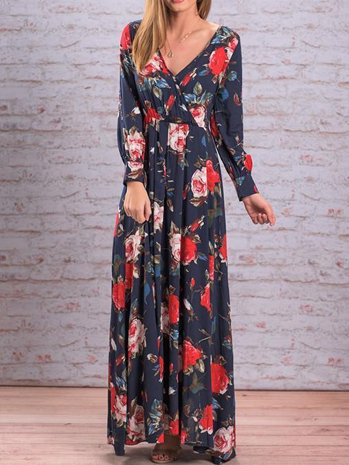Autumn Floral V-Neck Long Sleeves Bohemia Maxi Dress