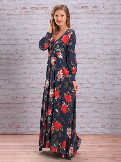 Autumn Floral V-Neck Long Sleeves Bohemia Maxi Dress