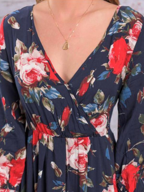 Autumn Floral V-Neck Long Sleeves Bohemia Maxi Dress